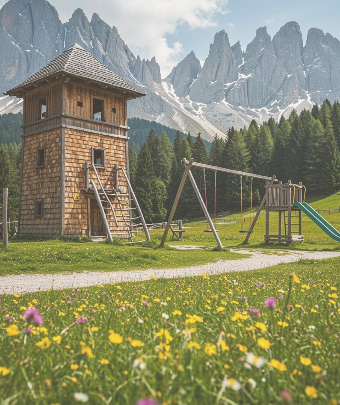 Holzspielplatz mit Rutsche vor Alpenkulisse und blühender Wiese im Vordergrund. ©Shutterstock